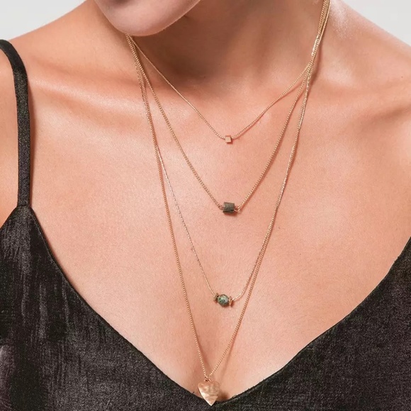 Layered Stone Bead and Heart Gold Pendant Necklace - Picture 2 of 8